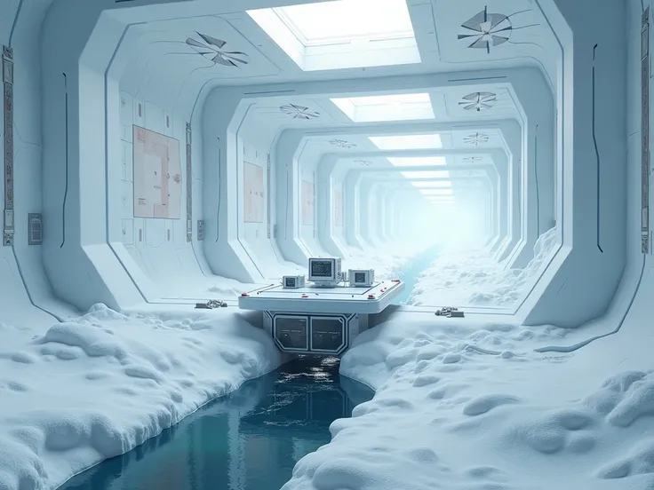 The image is of the inside of a kilometer wide Science Facility with snow generators and moveable tiles in the style of Portals aperature science facilities, but covered in snow. In the center is a control platform on stilts with computer equipment on it. ...