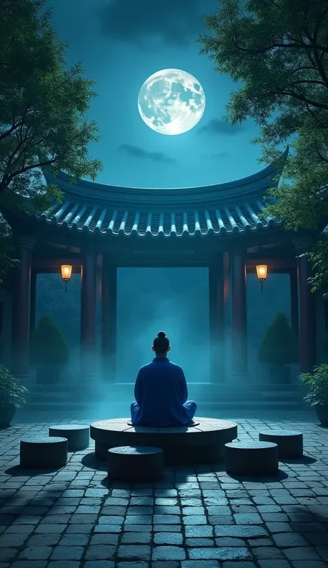 The camera moves slowly， showing a peaceful night in an ancient Chinese courtyard，Moonlight shines through leaves on the ground ，Mottled light and shadow， The courtyard is large and has a round stone table and four stone benches in the middle，A man dressed...