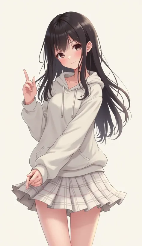  A girl wearing a white hoodie and a short white plaid skirt, long black hair , Blushing while raising her skirt with one hand