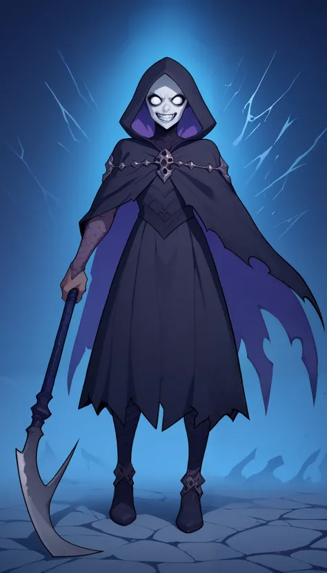 (zPDXL2), (PonyXLV6_Scores), source_anime, Expressiveh, full body shot, asymmetric image, BREAK
lhata4564, enigmatic jester, cracked white mask, hollow eyes, shadowy cloak, ethereal scythe, spectral form, unsettling grin, faint glow, dynamic pose, gothic f...