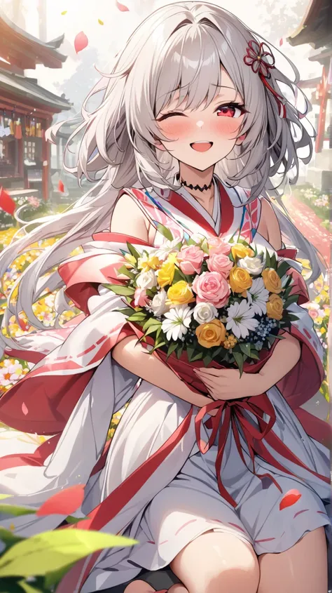 ( best quality, ),  beautiful woman (Red Eyes ), elements that play gagaku、heart、 Silver Hair,Shrine maiden， well-groomed face from a sense of distance、smile、 cute expression (目がheart、 close one eye、)、 winks、 red eyes、bouquet、綺麗なbouquet、 Petals Fluttering ...