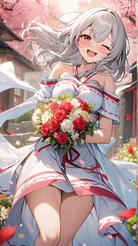 ( best quality, ),  beautiful woman (Red Eyes ), elements that play gagaku、heart、 Silver Hair,Shrine maiden， well-groomed face from a sense of distance、smile、 cute expression (目がheart、 close one eye、)、 winks、 red eyes、bouquet、綺麗なbouquet、 Petals Fluttering ...