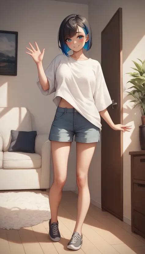 An early adult girl, one girl, age 22, dark blue eyes, medium long wolf cut hair, black colored hair, medium sized breast, using an oversized shirt, plain white shirt, using short pants,  grinning smile, blushing, one hand waving, in an apartment living ro...