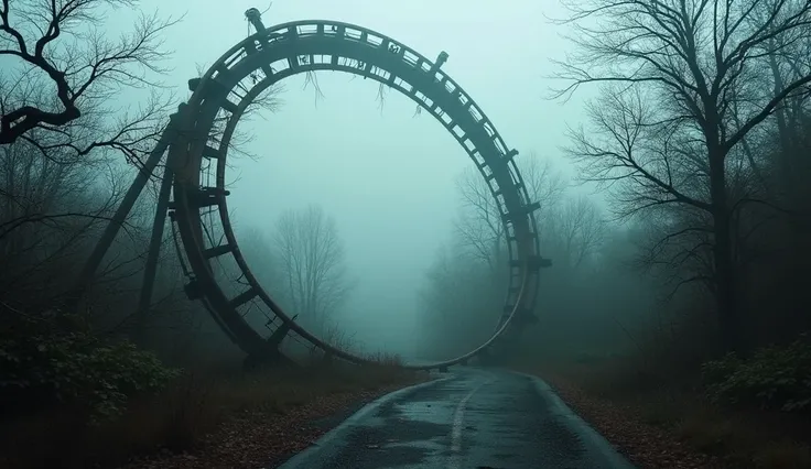 A haunting and abandoned amusement park scene, with a derelict roller coaster loop enveloped in dense fog. The steel structure of the coaster is rusted and weathered, surrounded by overgrown vegetation and tangled branches, creating an eerie, post-apocalyp...