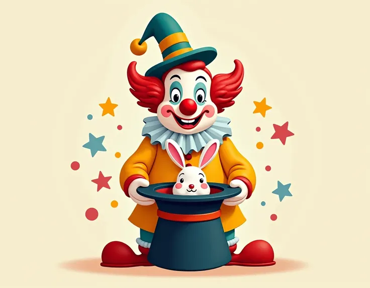  create the image of a Disney style clown holding the top hat with a rabbit inside..  The top hat and the rabbit must be the focus of the image , large and detailed 