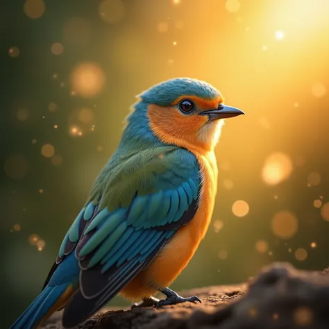  A fascinating close-up of a beautiful little bird,  illuminated by the soft golden light of a peaceful morning, with bright bokeh,  gently framing her elegant shape .