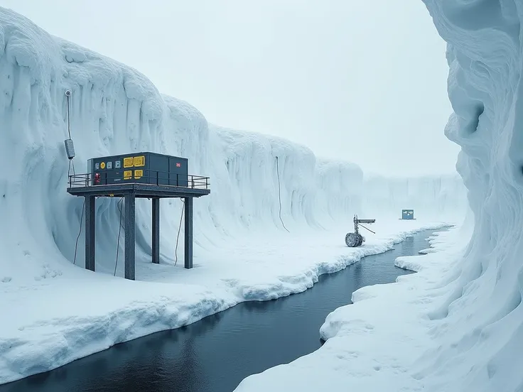 The image is of the inside of a kilometer wide Science Facility with snow generators and moveable tiles in the style of Portals aperature science facilities, but covered in snow. The tiles create a harsh slope in one direction of the image. In the center i...