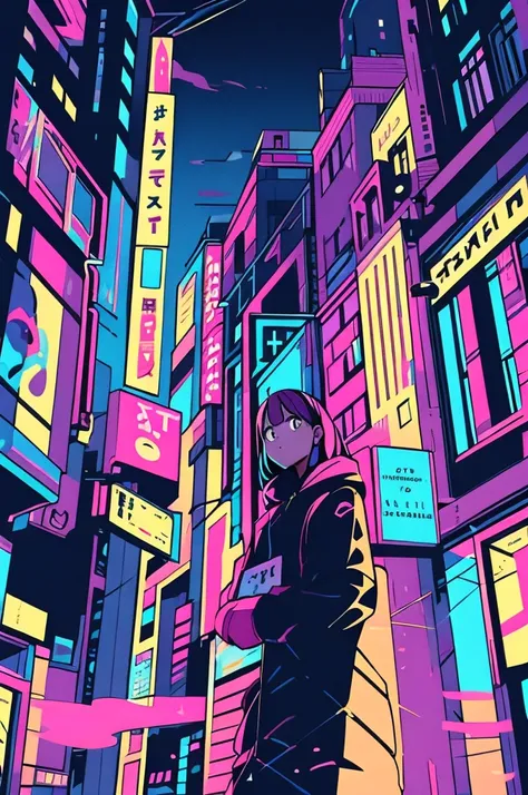 "scene:  in the background of the city at night 、 it is a mysterious and beautiful impression 、 The surroundings are dark but only the neon part is illuminated with fluorescent colors Its shining a lot。A girl with long purple hair 、 sitting Yankee in the n...