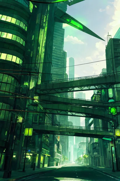  Utopian future scenario with shades of green and buildings with shades of obsidium, Lighting from above, Camera from the bottom up in the middle of the road