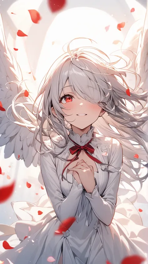 ( best quality, ),  beautiful woman (Red eyes), elements that play gagaku. well-groomed face from a sense of distance、 shy expression、 Silver Hair、 red eyes、smile( close one eye、Looking up)、 Ultra High Definition, A girl in the form of a pure white angel、 ...