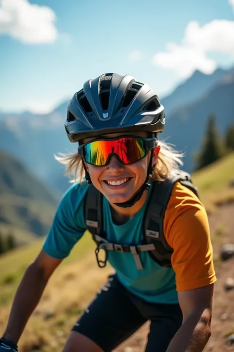 Create a person with a mountain bike camp and mountain bike glasses in the mountains