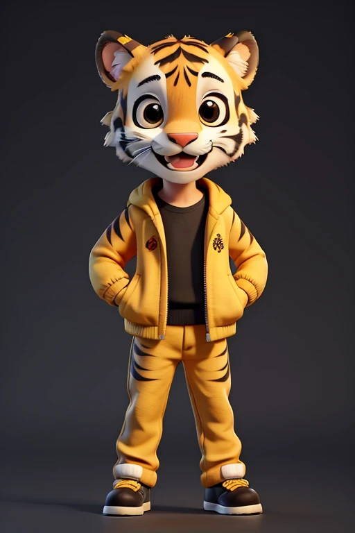 Generate a baby tiger, smiling, cute, happy, standing like a human, front position, wearing black jacket, yellow pants,  black background 