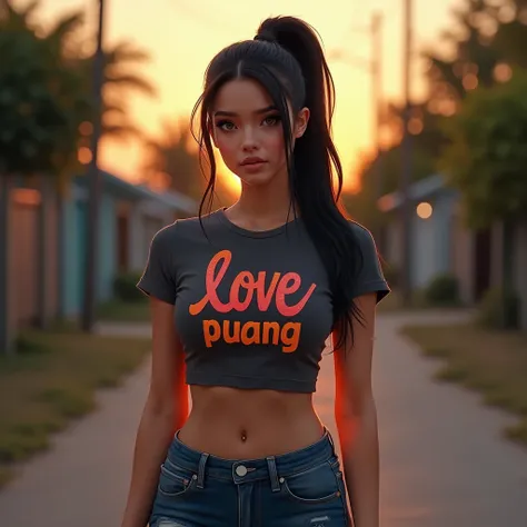 Women are looking straight at the audience.,  Glazed Tile Skin , , strong abdominal muscles , Glowing skin,  fine eyes ,  has a chest size of 36 inches , She wore a tight T-shirt in bright dark grey , With a  "Love Buta Puang" Bright colors,  round top and...