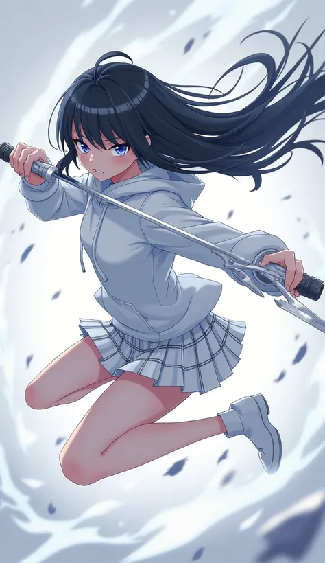  A girl wearing a white hoodie and a short white plaid skirt, long black hair ,  Holding a triangular weapon in her hand , Taking an aggressive stance ,  A white aura spreads around the girl