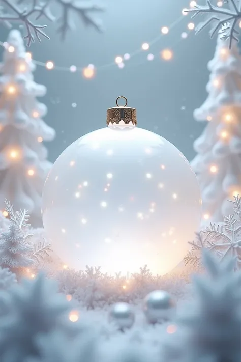 Une grosse boule de noel translucidesau milieu avec tout autour de magnifique décorations blanches 