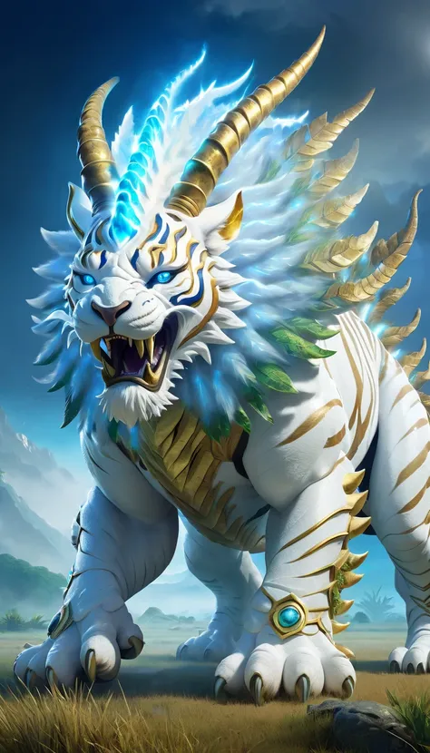 The Tigreratops, a fusion of a white tiger and a Triceratops, stands proudly in an ancient grassland. Its large, muscular body resembles a tiger, adorned with sturdy Triceratops horns glowing with soft golden light. Its bright blue eyes radiate intensity, ...