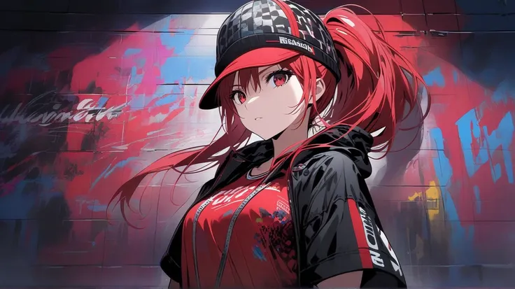 Distant View Girl red eyes red hair ponytail hat Night city graffiti art neon on the wall Sportswear Short sleeve