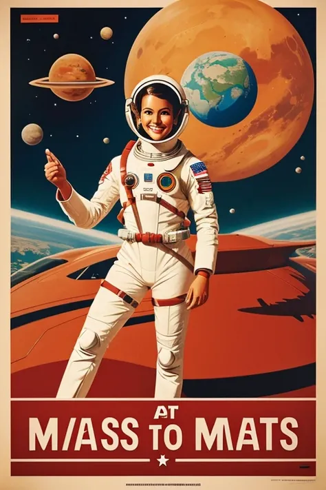 Futuristic retro design , poster advertising a flight to Mars . Mostly beige and red tones .  A beautiful spaceship and a smiling flight attendant in a spacesuit.