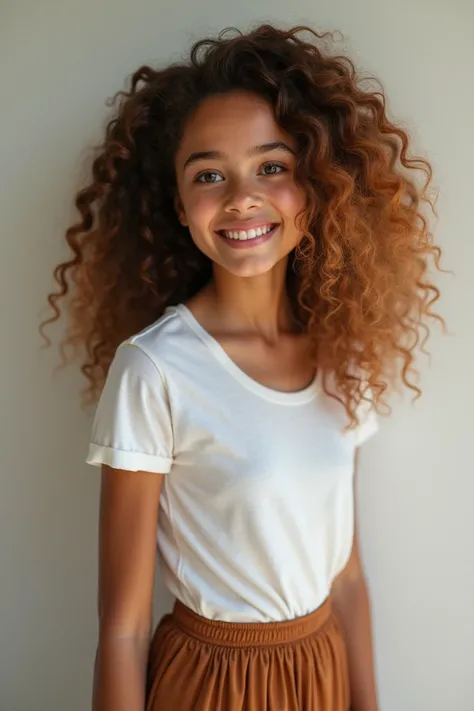 Beautiful curly hair girl, wearing white tshirt and brown cheg skirt