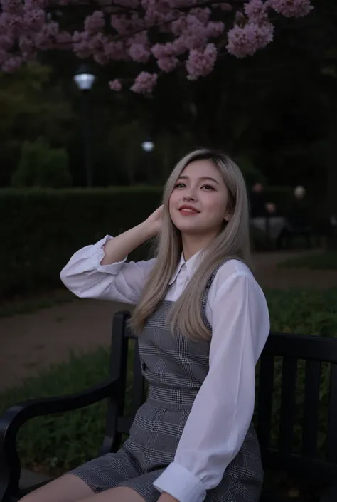 Night time,Dark,  young woman, gray plaid romper, pink brush , 8K, Park, white shirt, wolf hair, Doble layer hair dye, first layer are white, second layer are white, Looking up to see the cherry blossoms, pale solid colour background, cuff, up right pose, ...