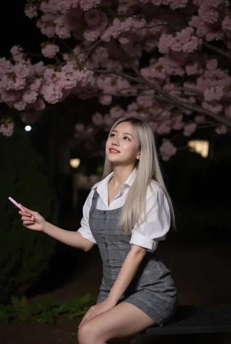 Night time,Dark,  young woman, gray plaid romper, pink brush , 8K, Park, white shirt, wolf hair, Doble layer hair dye, first layer are white, second layer are white, Looking up to see the cherry blossoms, pale solid colour background, cuff, up right pose, ...