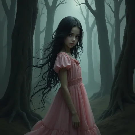 Portrait, Digital Art, medieval fantasy, rpg, terror, A young girl in a pink dress , dark, in a forest,  black eyes and arms of darkness coming out of her back