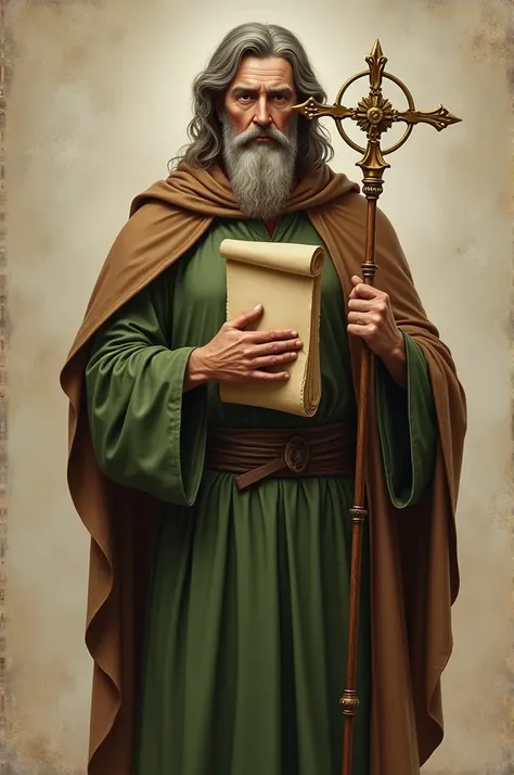 Saint Andrew the Apostle :  with green robe and brown cloak ,  parchment, a hand and an x-shaped cross