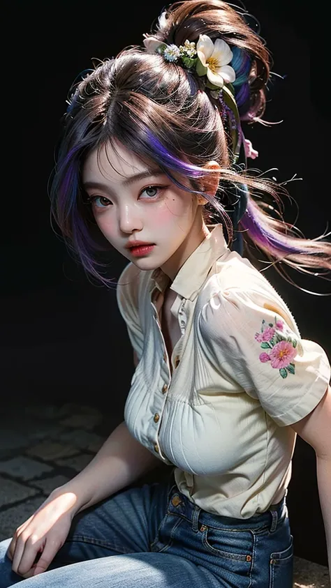 8k wallpaper,(((masterpiece))), (((highest quality))), ((highly detailed)), (illustration), ((very detailed and beautiful)), dynamic angle, rainbow hair, cute face depicted in detail, (((masterpiece))), very detailed and beautiful girl, flowers, jeans, blo...