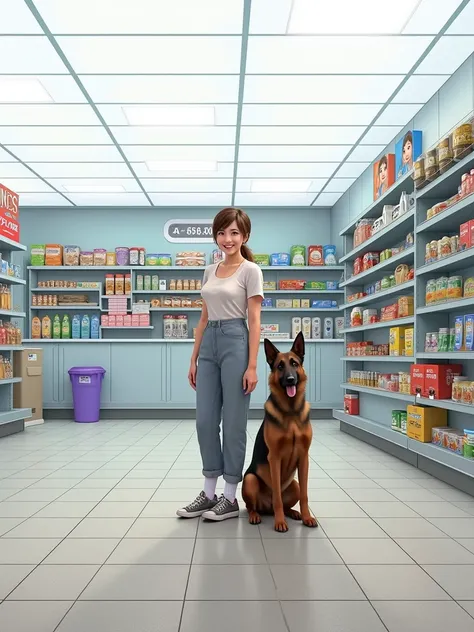 Real HD image of a woman standing in a convenience store next to a German Shepherd dog sitting next to her