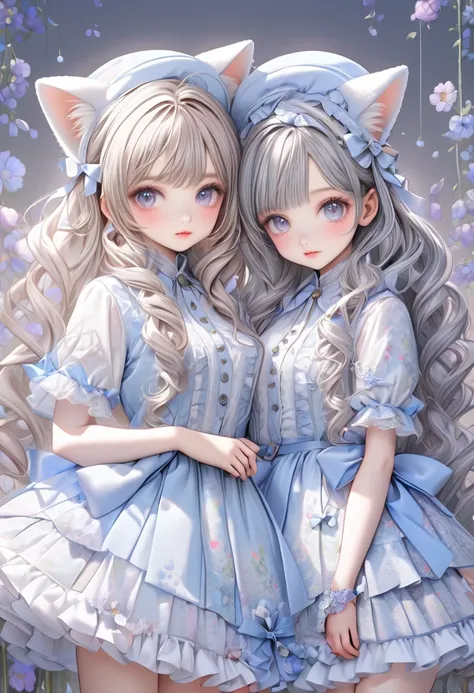 1 cute girl with cat ear and cat tail, ligne claire, contour deepening beautiful detailed glow, by famous artist,  head tilt, long white hair, curly hair, Air bangs, Grey hair, beautiful detailed hair, Beautiful face, ^ ^, lovely big eyes, flat chest, zett...