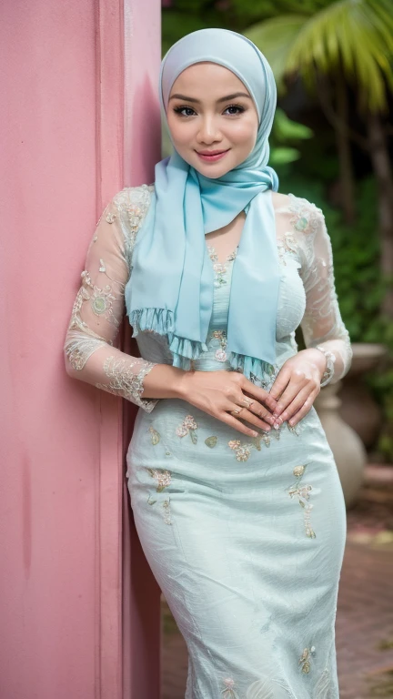 RAW, Best quality, high resolution, Masterpiece: 1.3), Beautiful Malay woman in hijab, Masterpiece, Perfect slim body, (Big breasts), Beautiful big eyes, Soft smile, Masterpiece:1.2, Best quality), Realistic, (Real picture, Intricate details, Depth of fiel...