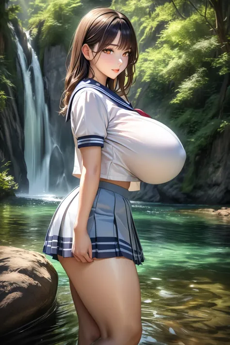 ( super high quality:1.3), masterpiece, (high definition), HDR, 8k, photo, photorealistic, beautiful woman standing in tranquil lake, covered gigantic breasts, sailor skirt uniform, pleated short skirt, summer, side view from below