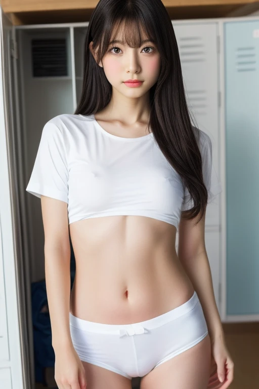 (( short sleeve white t-shirt)), (( dark blue bloomer)),  very detailed clarity,((belly button))、 (Beautiful girl,  delicate girl:1.3), (:1.3), ( symmetrical eyes next to woman :1.3)( Play)), (( erect nipples )), [Girls with nipples, Japanese, , With bangs...