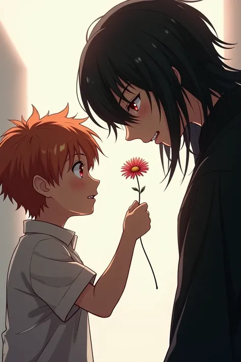  Red gold and black-haired anime boy ,  handing a flower to a red-eyed and sinister black-haired one,  but , Shes refusing flower 