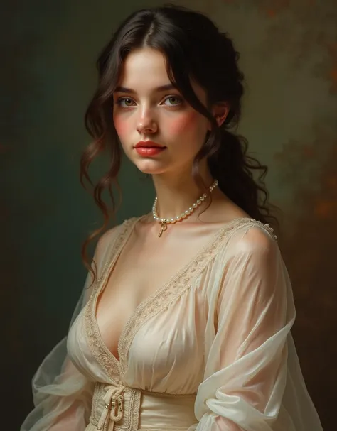 (High Resolution, Masterpiece: 1.2), (Realistic: 1.37) "(Best Quality, High Resolution, Ultra-Detailed, Realistic), Gorgeous Portrait of a 19th Century Retro Nude French Woman with Medium Breasts Wearing a Single Necklace Made of Small Pearls and a Small P...