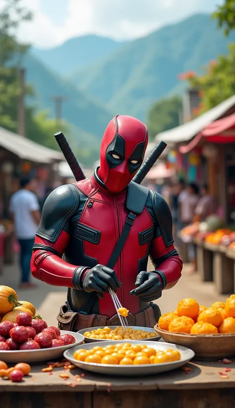 A retired deadpool, now a snack vendor, sells colorful traditional sweets like klepon and onde-onde at a bustling rural market. Their stall, decorated with their old emblem, is surrounded by vibrant displays of food and flowers. Villagers gather to watch a...