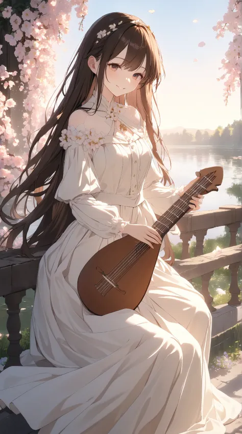 1 girl, (cute face), 18 years old, (long hair), (smiling), medium breasts, (wearing fantasy bard attire), (knee-length dress), (porcelain skin), (playing a lute), BREAK  
Old stone bridge, calm river, (sitting on the railing:1.2), surrounded by blooming fl...