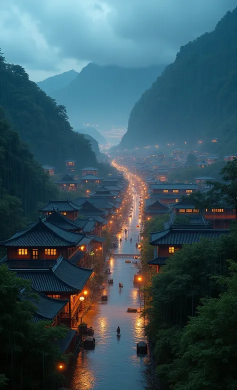  Overlooking a village full of illuminated buildings, Dream China Town, Deep Mountain Village , amazing wallpapers, Japanese Castle, Japanese Village,  Ultra-realistic Town Photo ,  old Asian villages , Japanese Castle市, Rainy Night,  Computer Punk Ancient...