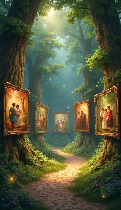 An art gallery in an enchanted forest, with paintings that show warm moments of life. The paintings appear to come to life as an observer looks at them.
realistic style