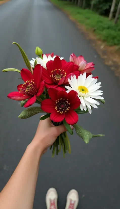 Holding’s a bouquet,background should be a tar road and a little bit of greenery , photo taken in a phone , top view , photo should only contain a hand holding a bouquet, no face , realistic real life picture, no uncanny, red and white flowers , no nail po...