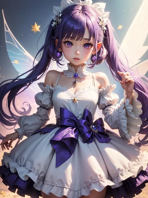 whole bodyを映す,cute little fairy、Fairy Wings、 whole body、PUFF SLEEVE DRESS ！ holding a star 、 TANZANITE COLOR SKIRT 、leaf、Crystal Earrings,, Lots of white space, , leaf hair accessories, Anatomically correct, , Heart-shaped ahoge, Pompadour, Plaid、Bob Hair,...