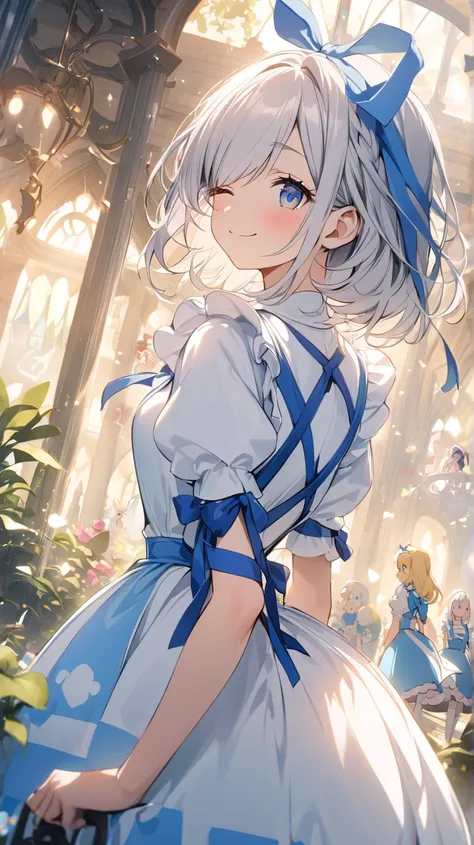 ( cute) Alice in Wonderland、 best quality 、heart、smile、beautiful、 Silver Hair、 winks( close one eye)、Ribbon on head( blue ribbon、Stand tall)、 Light Shines In 、beautifulな指、 Alice in Wonderland、 back view, 