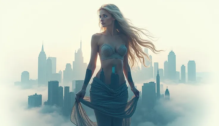 Ultra-realistic high quality, 8k Ultra HD, A beautiful double exposure that combines a beautiful goddess silhouette blue eyes Long blonde hair beautiful big breasts Beautiful big ass,  Should landscape city serve as a rag,  with their details incorporated ...