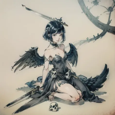 girl,((sitting)),
((full body)),
((skulls)),
((No background)), 
((small black wings)),
((holding long black bladed sword))