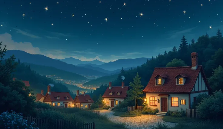 Image Prompt:

"An illustration of a cozy village at night,  The sky is dark with twinkling stars, 

Create in 2d style for s story 