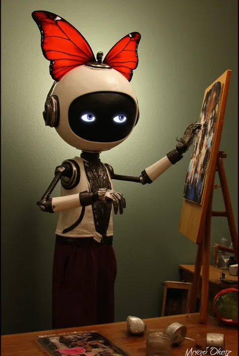 The robot draws a picture  (bartender clothes and a red butterfly sit on the robot, the robots head is round ,  and on the face, a screen with two eyes ,  holds a brush in his hand and paints a picture with it