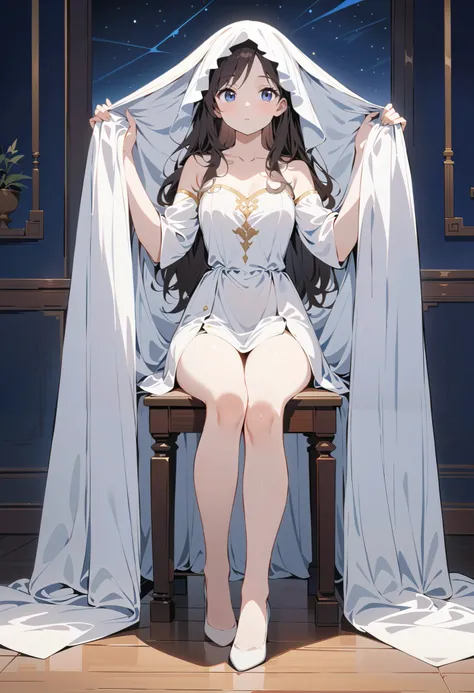1 girl,Full body portrait,classical,plain and unadorned ,night,In the room,Sitting on a wooden chair,full,Dark hair , long hair, blue-black eyes , pure white robe with high openings on both sides, show your legs , showing arms , Skin tone ,Mature charm,Sw...
