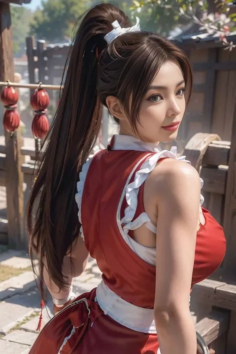 Mai Shiranui  ,   Brown Eyes  ,   Japanese Beauty，smile long hair,  brown hair, ( red clothes:1.3)，super Big Breasts，   sleeveless,   ponytail,  pelvic curtain, Arm guard, Gloves, or，full的胸部，   Seductive Expression  , Sexy Eyes, Big Breasts, smile,   Stunn...