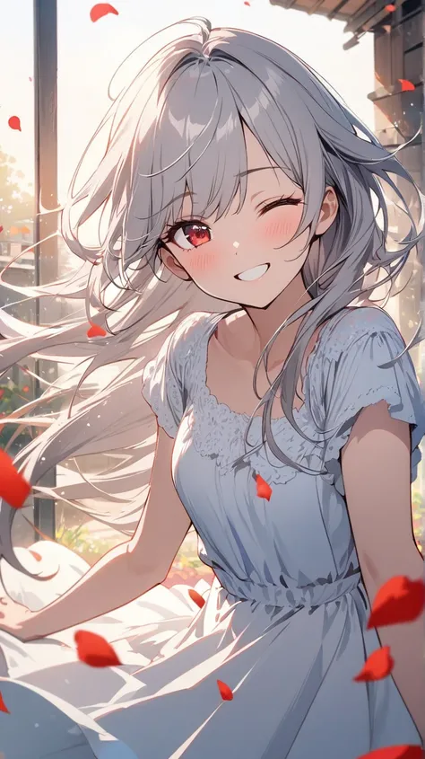 ( best quality, ),  beautiful woman ( red eyes、 Silver Hair), elements that play gagaku、 well-groomed face from a sense of distance、 perfect finger(Beautiful hands and fingers)A confident smile、( close one eye、 winks)、 1 girl,  long hair, solo, Petals flut...