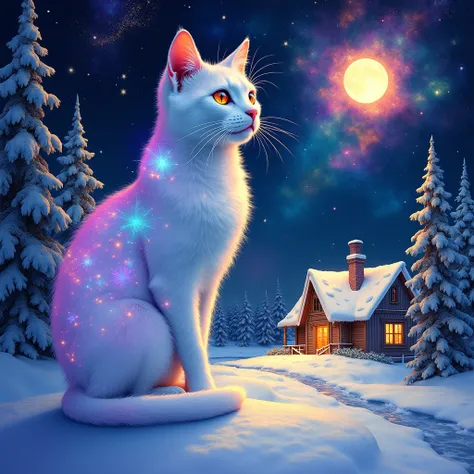 A mesmerizing 4D HD artistic rendering of a majestic white cat in a vibrant cosmic scene, with alcohol ink enhancing the depth and texture of colors. The cat displays a stunning range of cosmic colors: deep blue, radiant violet, and pink, intermixed with g...